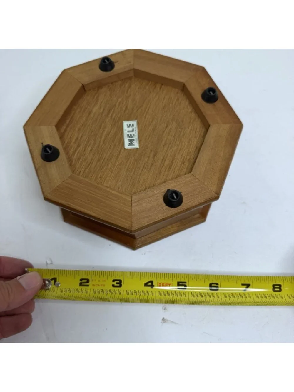 Vintage Mele Octagonal Wood w/ Pink Stained Glass Floral Lid Wooden Jewelry Box